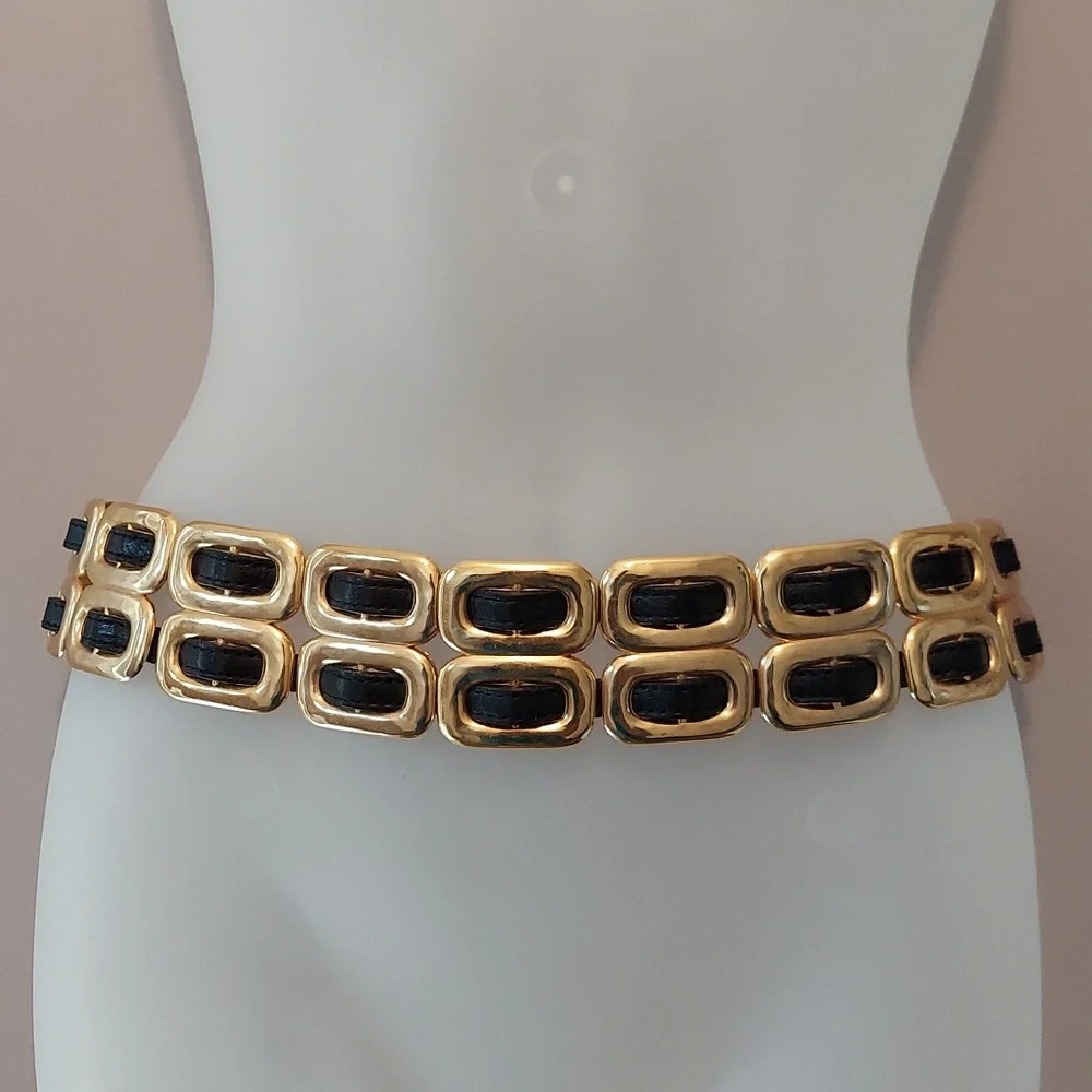 Vintage Late 1980s/Early 1990s Gold Chain & Woven Black Leather Double Link Belt - Picture 3 of 16